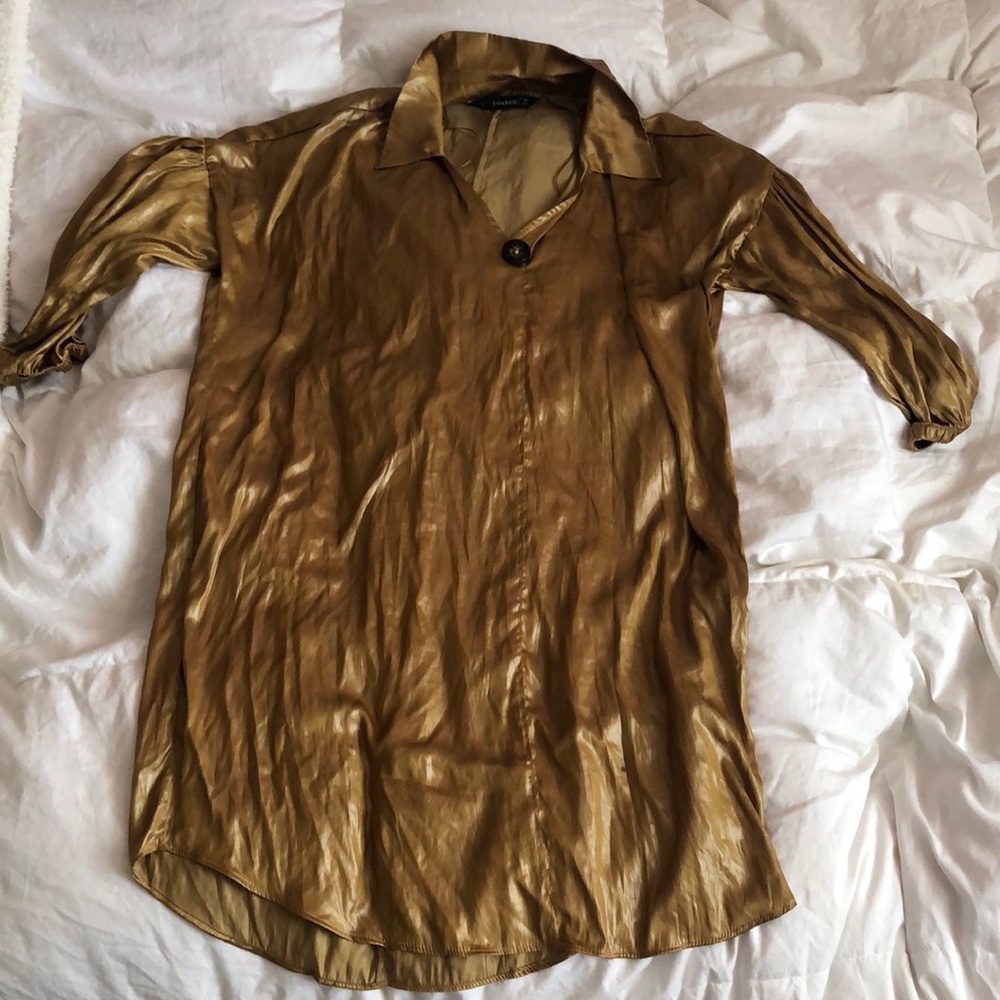 Zara basic long mid sleeved foil silk collars top